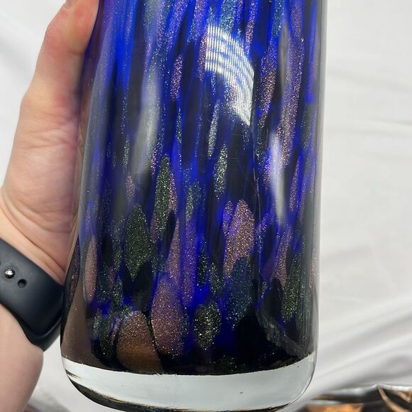 Large Heavy Handblown Cobalt Blue Glass Vase with Gold and Green Streaks - Picture 6 of 8
